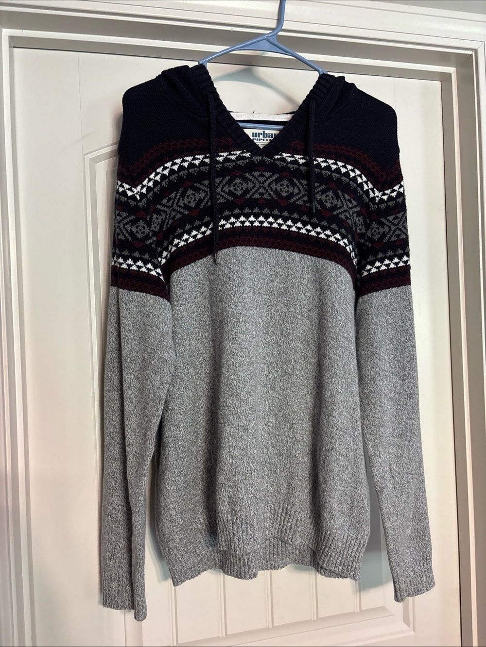 urban pipeline Gray Hooded Fair Isle Pullover with Navy Yoke